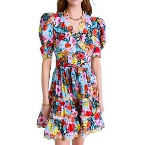 Celia B Aila Floral Wrap Ruffled Tiered Scalloped Puff Sleeve Mini Dress Medium